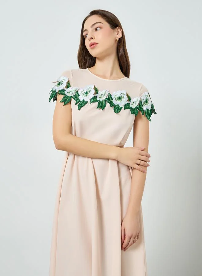 Take Two Women Beige Flower Patch Detail Fitted Waist Midi Dress